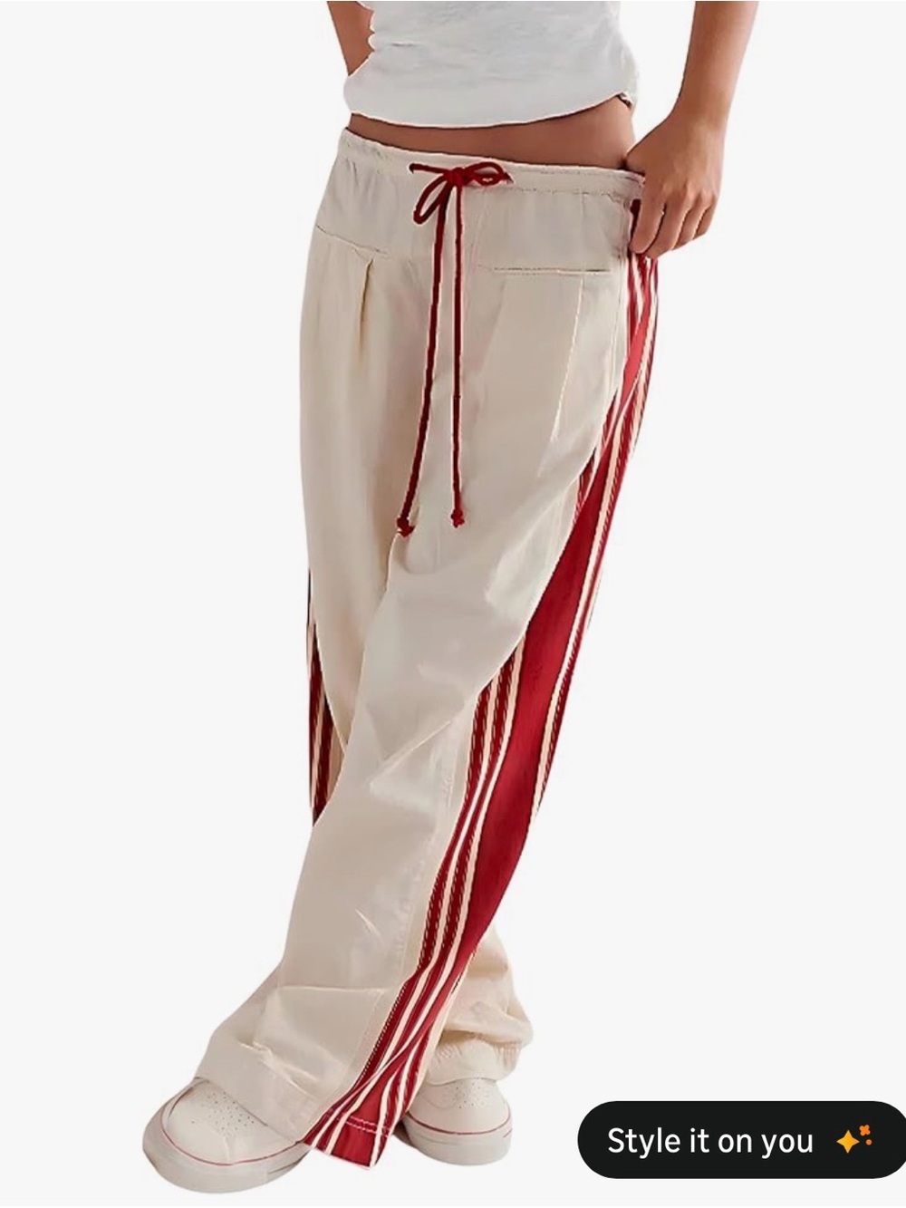 Casual Cream Track Pants with Red Side Stripes size small-fits like a medium